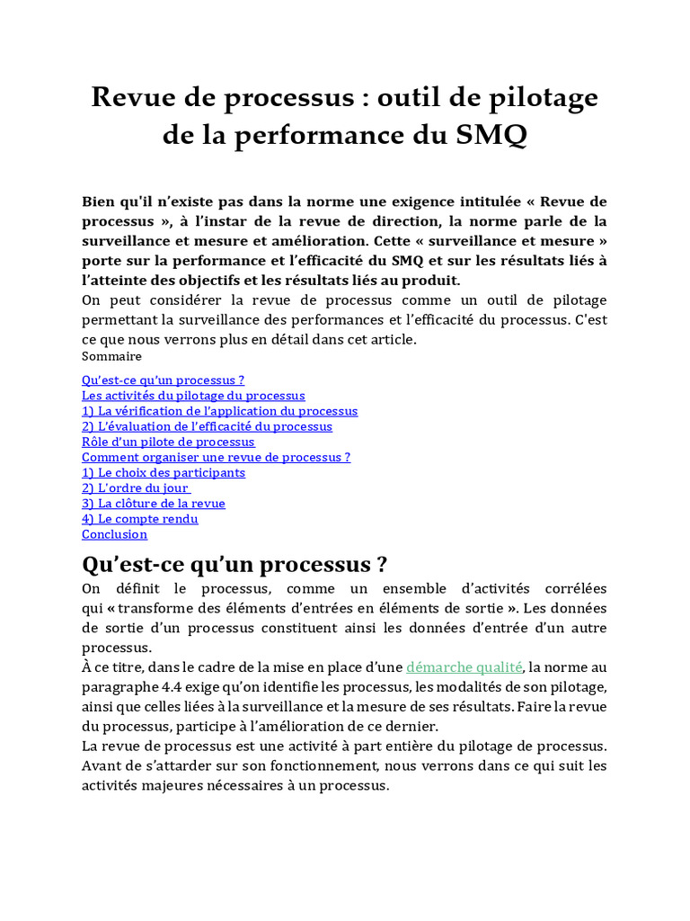 Revue de Processus : Outil de Pilotage SMQ | PDF | Système de ...