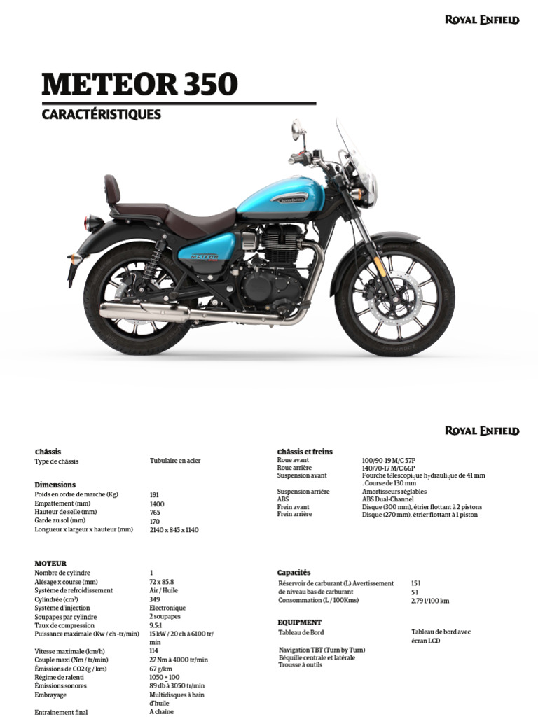 Fiche technique Royal Enfield Meteor 350 | PDF | Cheval-vapeur | Embrayage