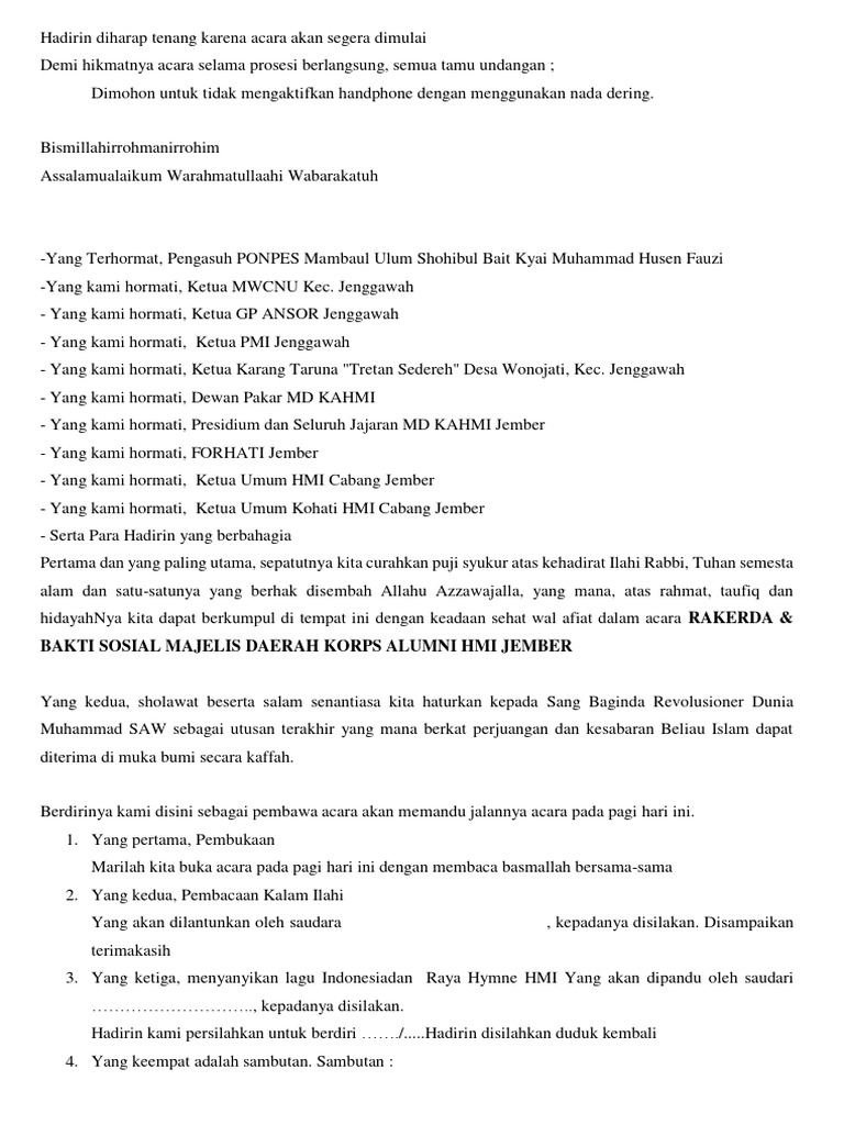 Contoh Teks MC Acara RAKERDA HMI | PDF