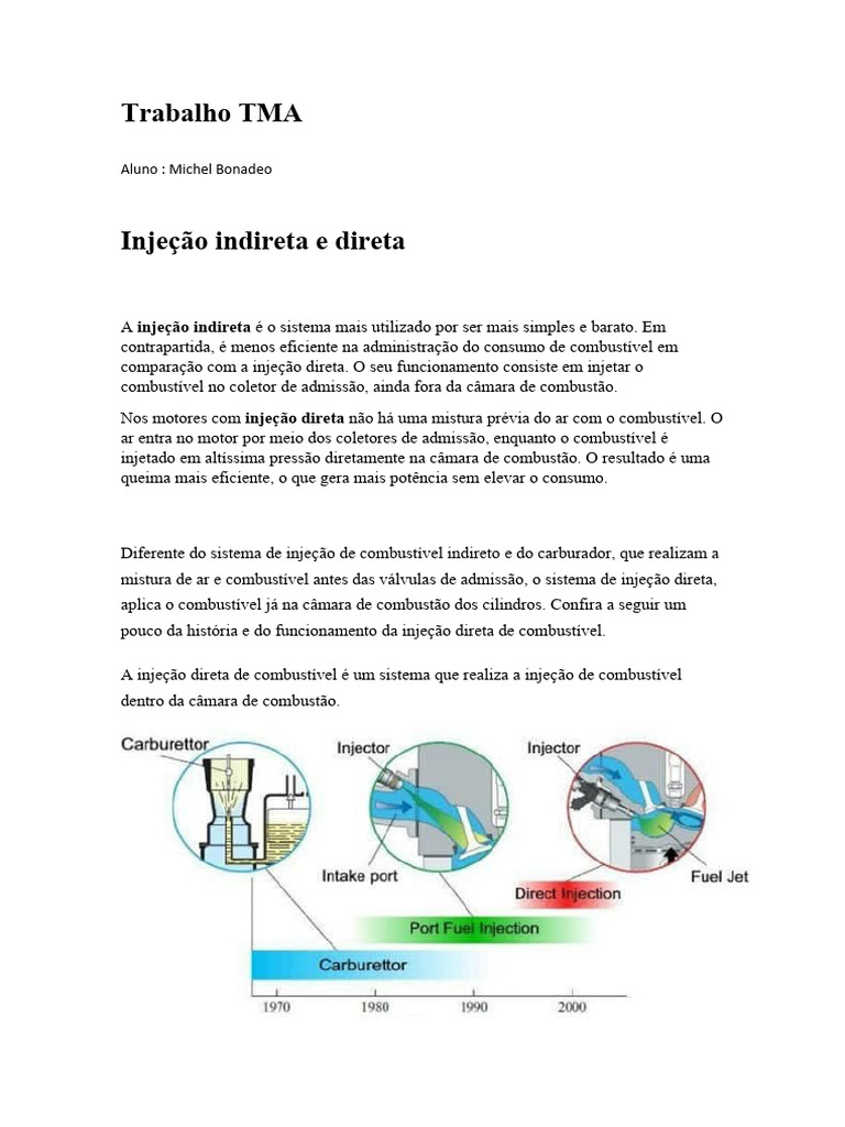 Trabalho injecao direta e indireta | PDF | Motores | Injeção eletrônica