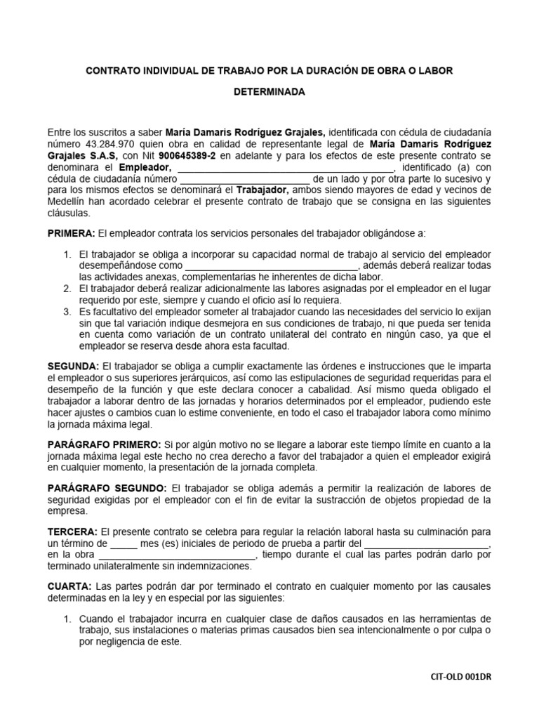Contrato de Trabajo por Obra Determinada | PDF | Derecho laboral | Salario