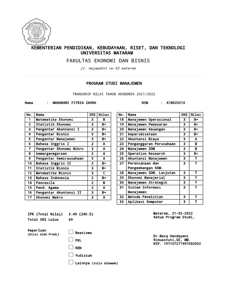 Cetak Transkrip Nilai Mahasiswa Sistem Informasi Akademik Pdf