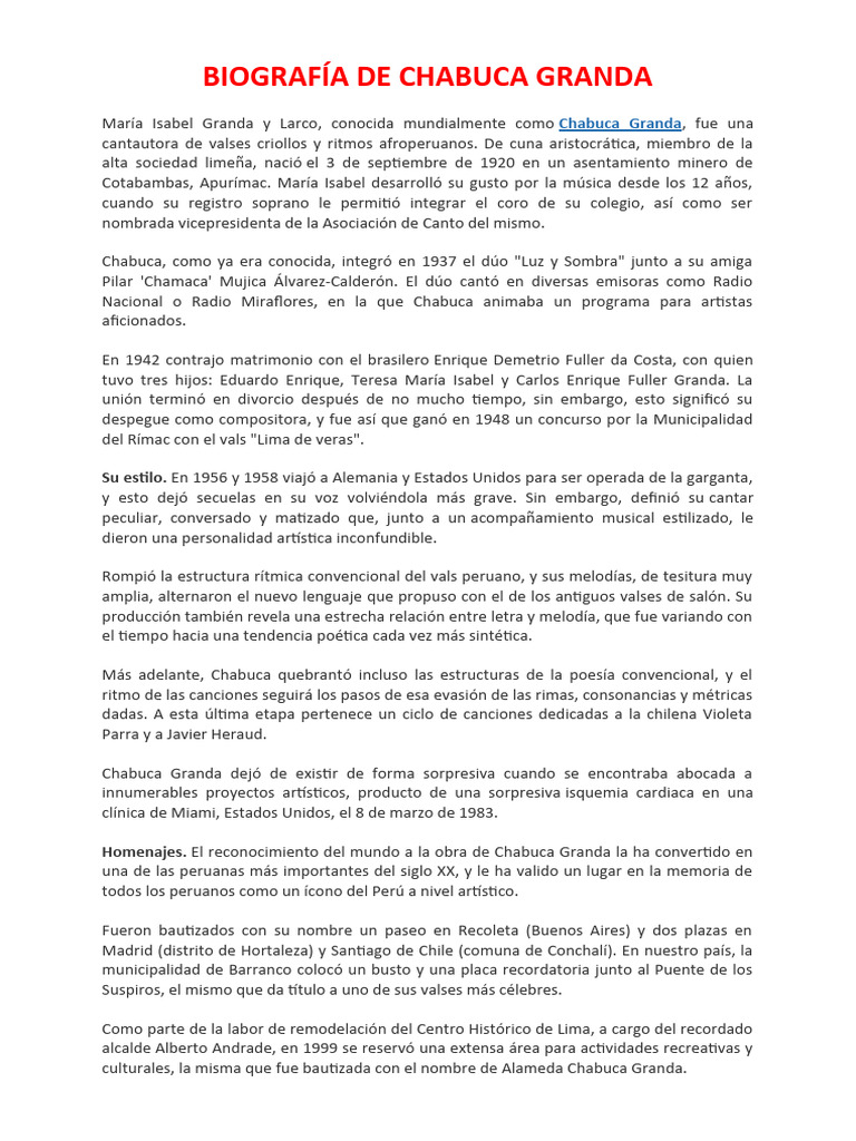 Biografía de Chabuca Granda | PDF