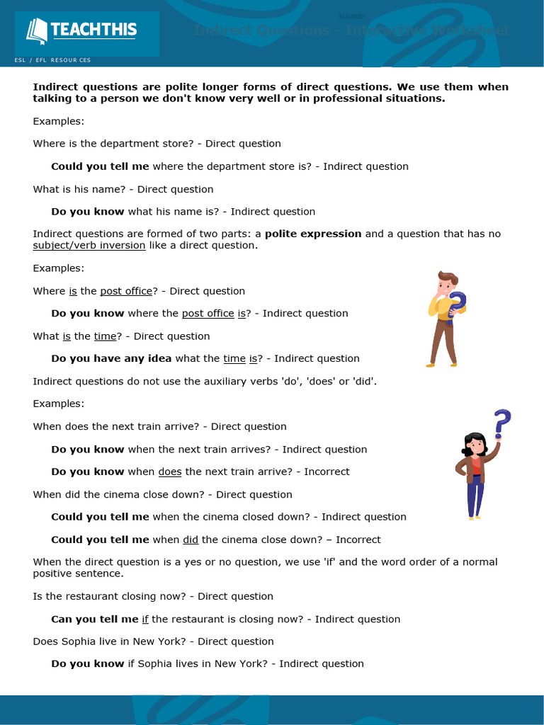 ESL Indirect Questions Worksheet | PDF | Question | Cognitive Science
