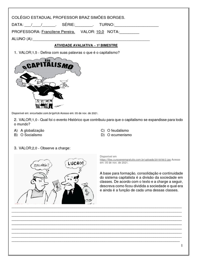 Atividade Avaliativa sobre Capitalismo | PDF | Capitalismo | Estado