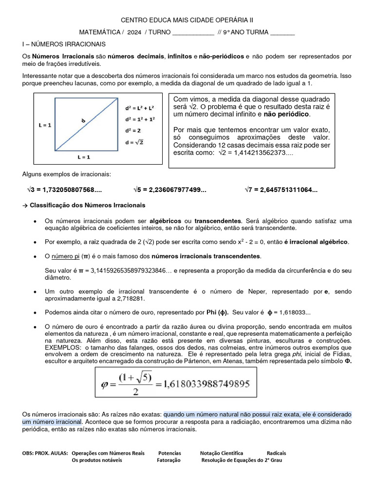 Números Irracionais para o 9º Ano | PDF | Números | Número real