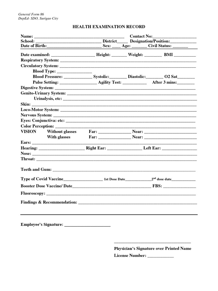 Health Examination Record Form 86 | PDF | Blood Pressure | Vaccination