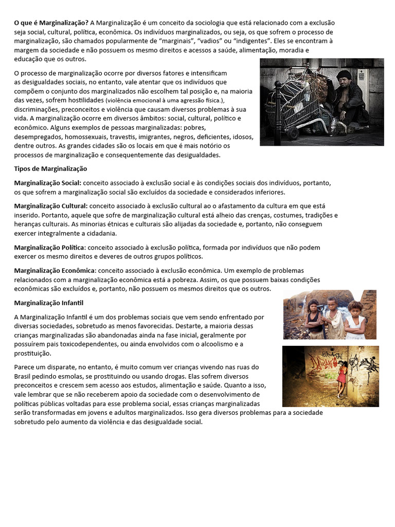 O Que É Marginalização | Download grátis PDF | Exclusão social | Sociedade