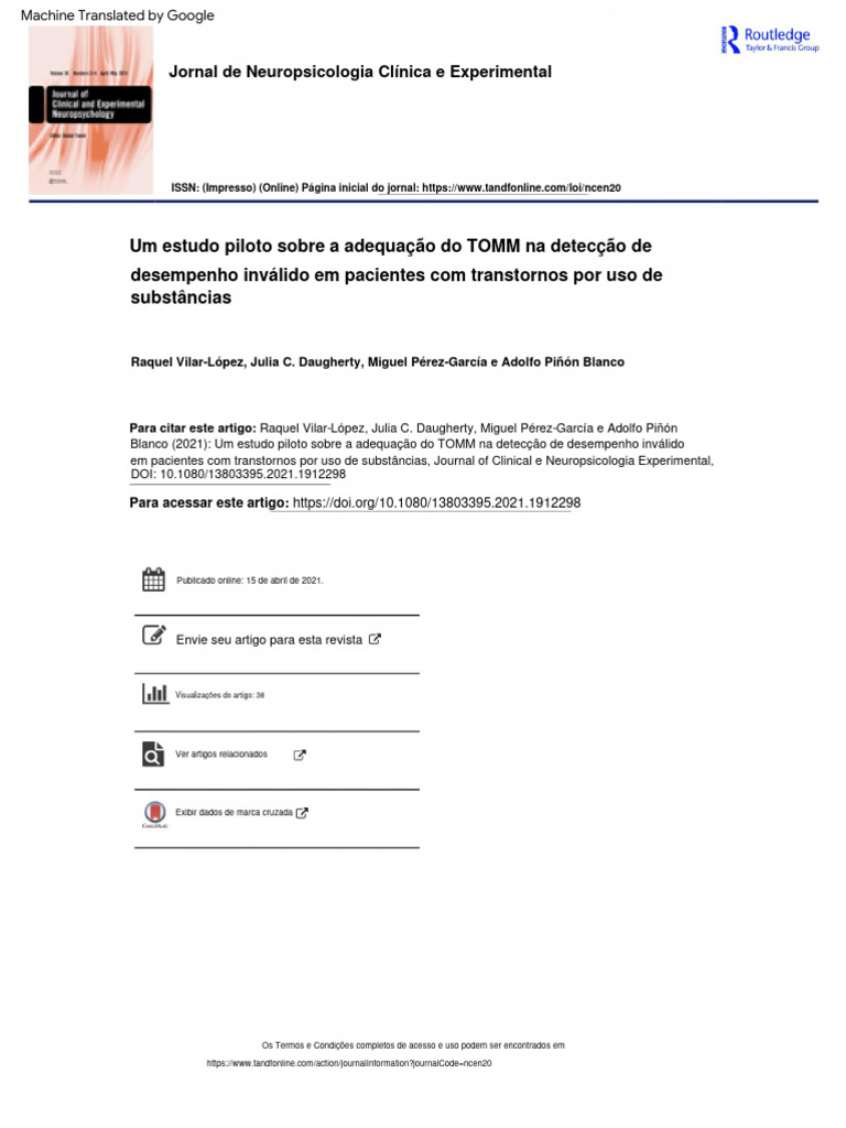 TOMM na Detecção de Desempenho Inválido | PDF | Neuropsicologia ...