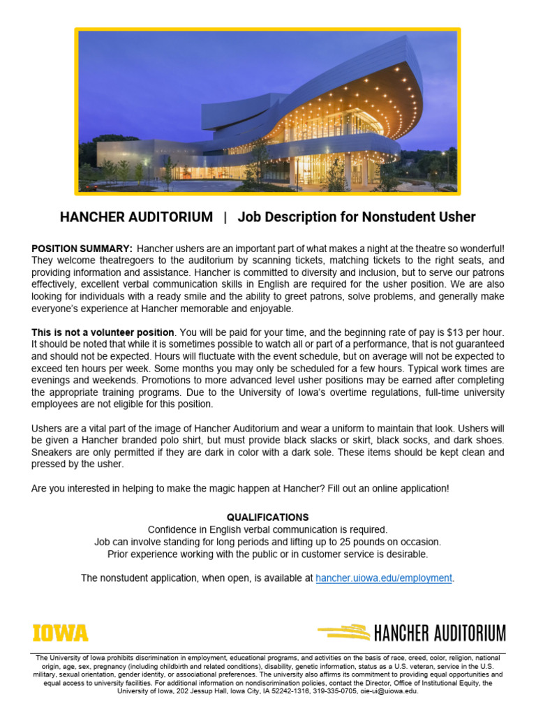 usher_job_description_for_nonstudents__202223 PDF Discrimination Employment Discrimination