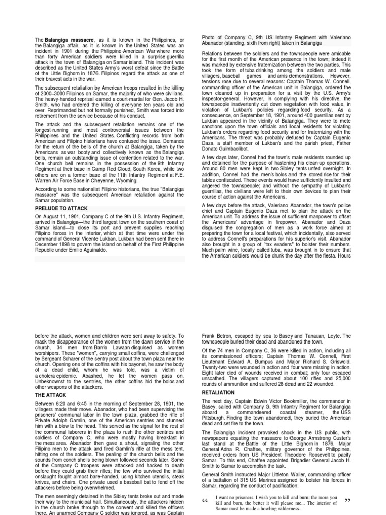 Balangiga Massacre PDF Military Warfare