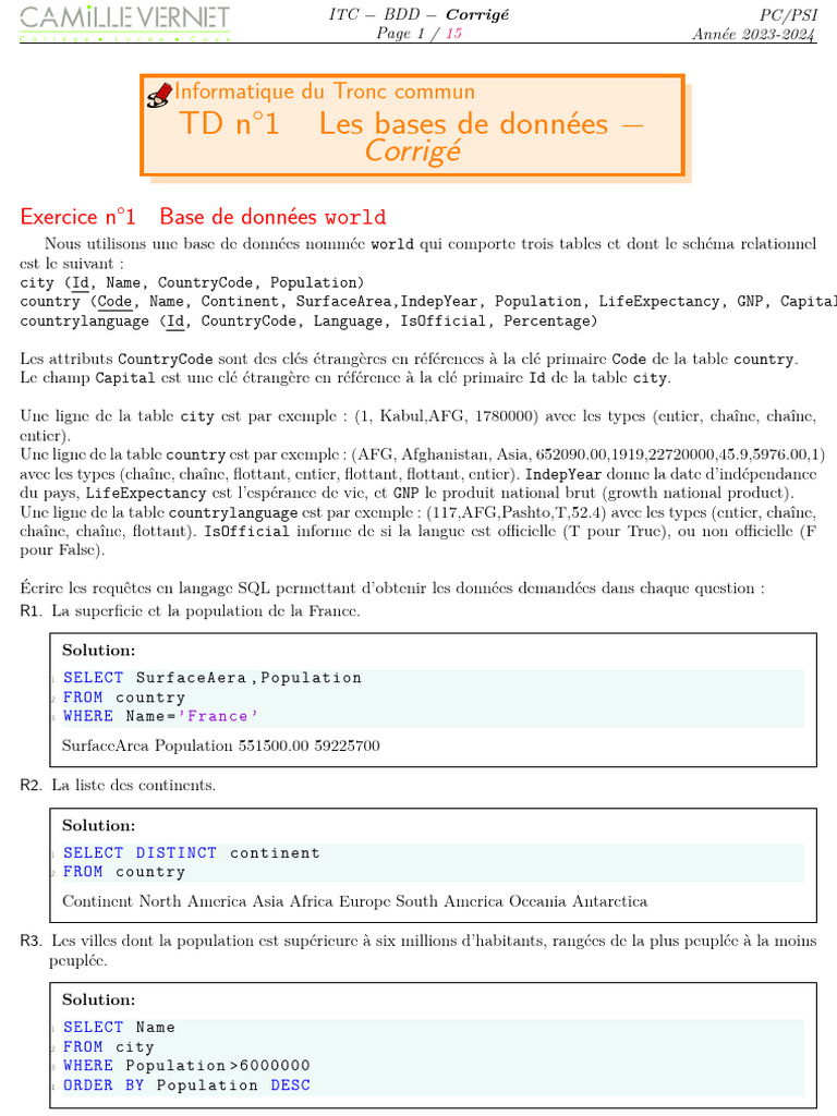Corrigé TD Bases de Données SQL | PDF | Bases de données | SQL
