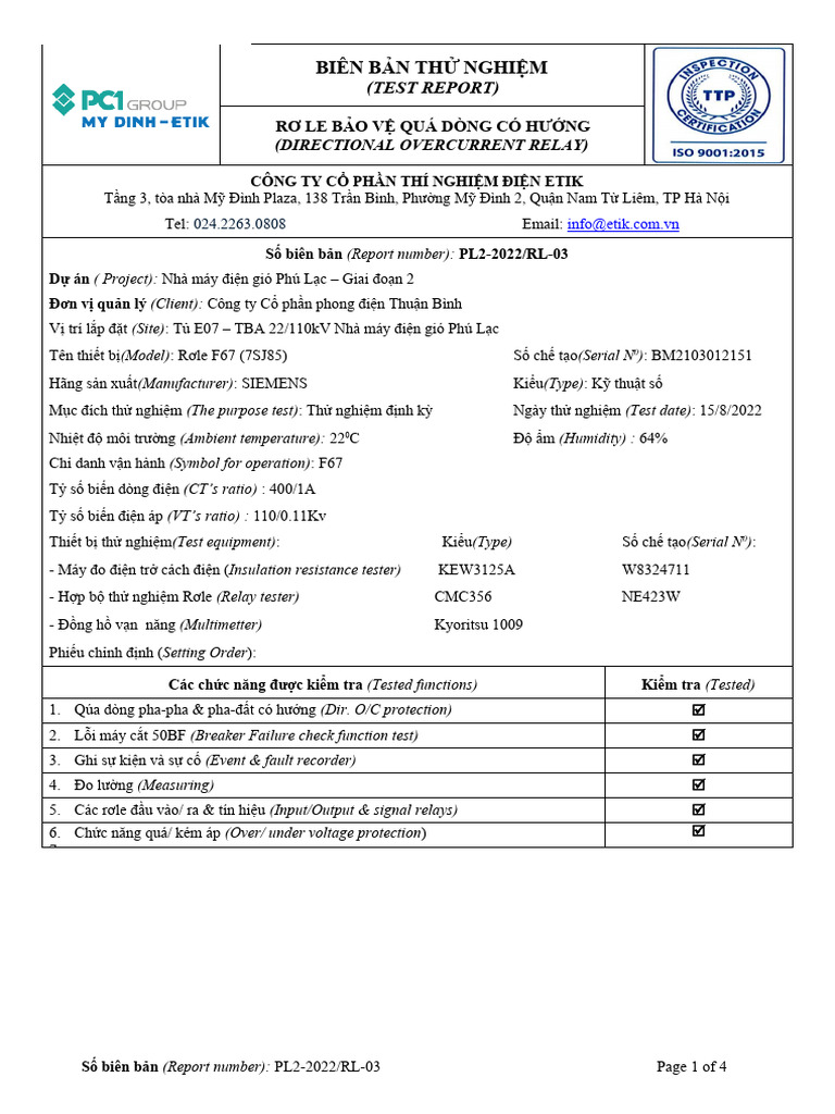 Biên Bản Thử Nghiệm: (Directional Overcurrent Relay) | PDF