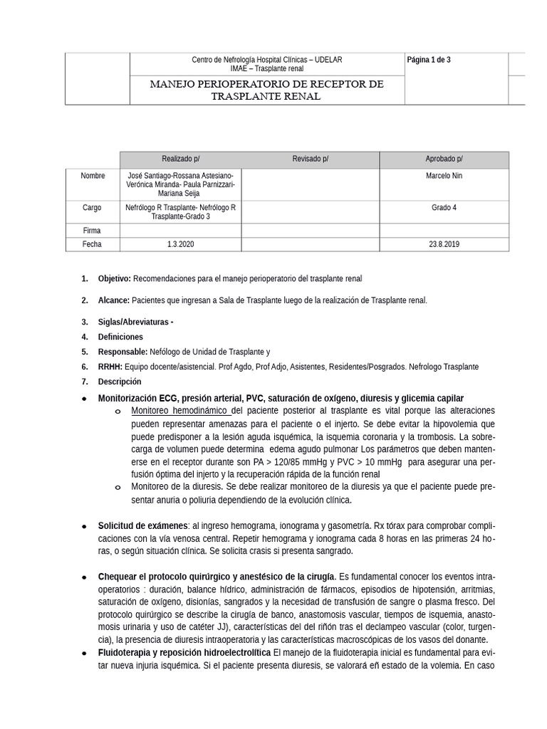 Manejo Perioperatorio Trasplante Renal | PDF | Trasplante de riñón ...