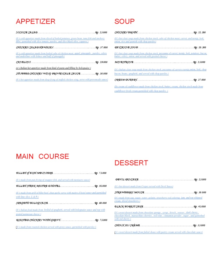 Menu of Appetizers, Soups, and Desserts | PDF | Cooking, Food & Wine ...