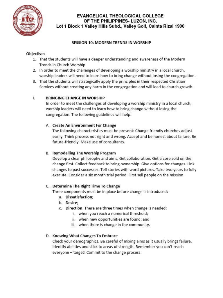 Session 10 Trends In Modern Worship Pdf Evangelicalism Worship