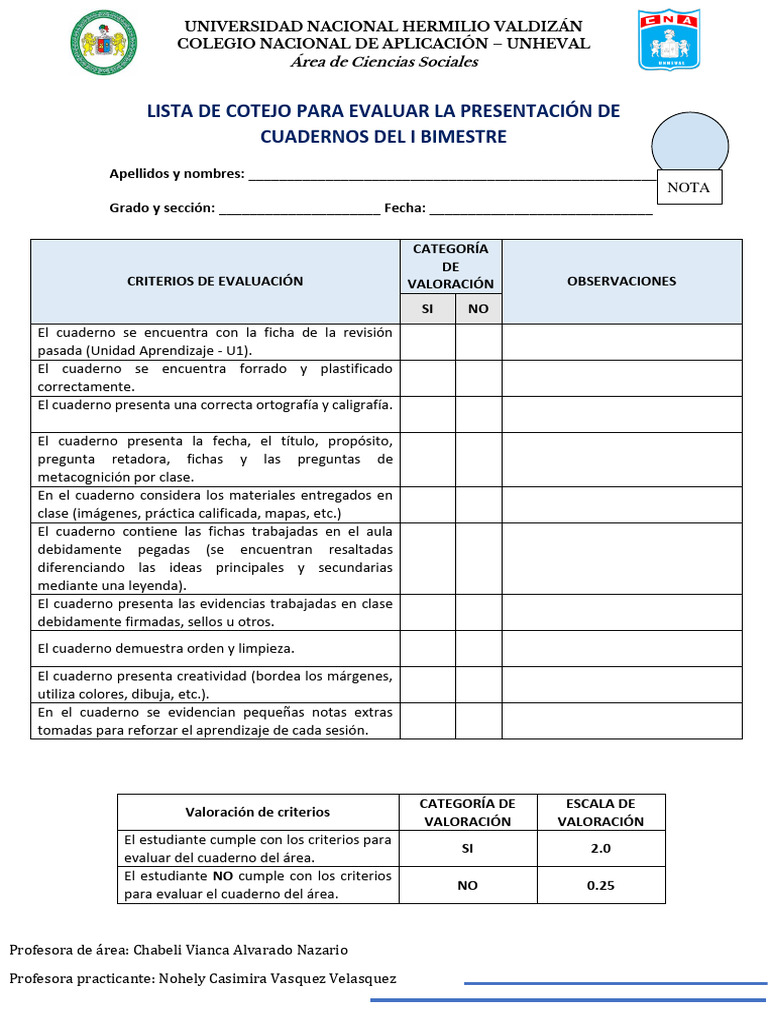 Criterios para Evaluar Cuadernos de Clase | PDF | Aprendizaje | Cognición
