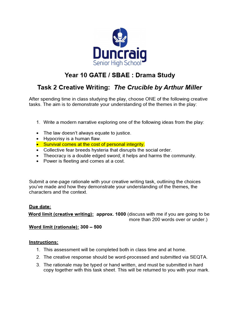 Year 10 Drama: Creative Writing Task | PDF | Human Communication ...