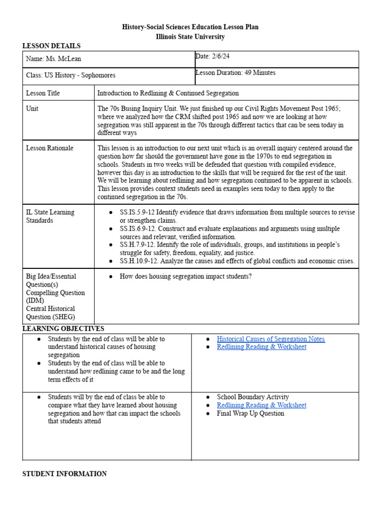 Observation 1 Lesson Plan 2 | PDF | Racial Segregation In The United States