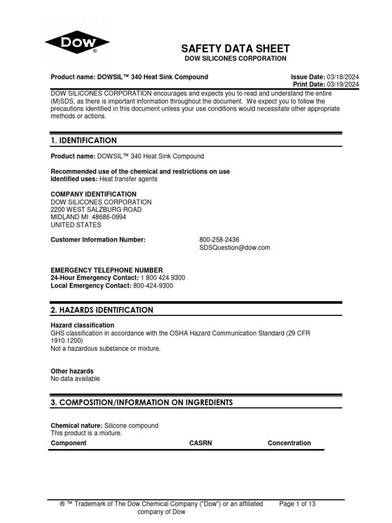 DOW CORNING® 340 HEAT SINK COMPOUND PDF Dangerous Goods Toxicity