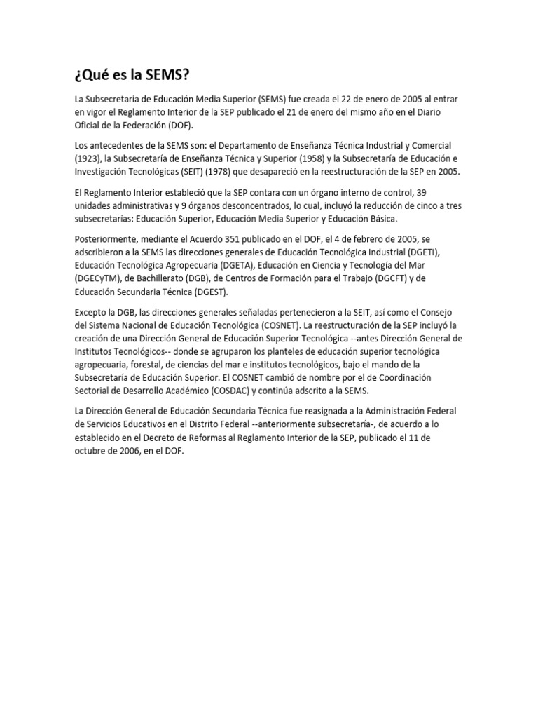 Significado y funciones de la SEMS | PDF | Educación de la primera ...