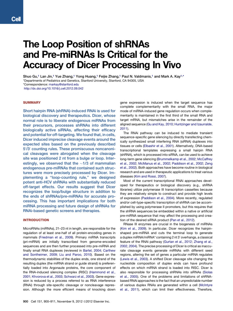 Dicer Processing of shRNAs and Pre-miRNAs | PDF | Rna Interference ...