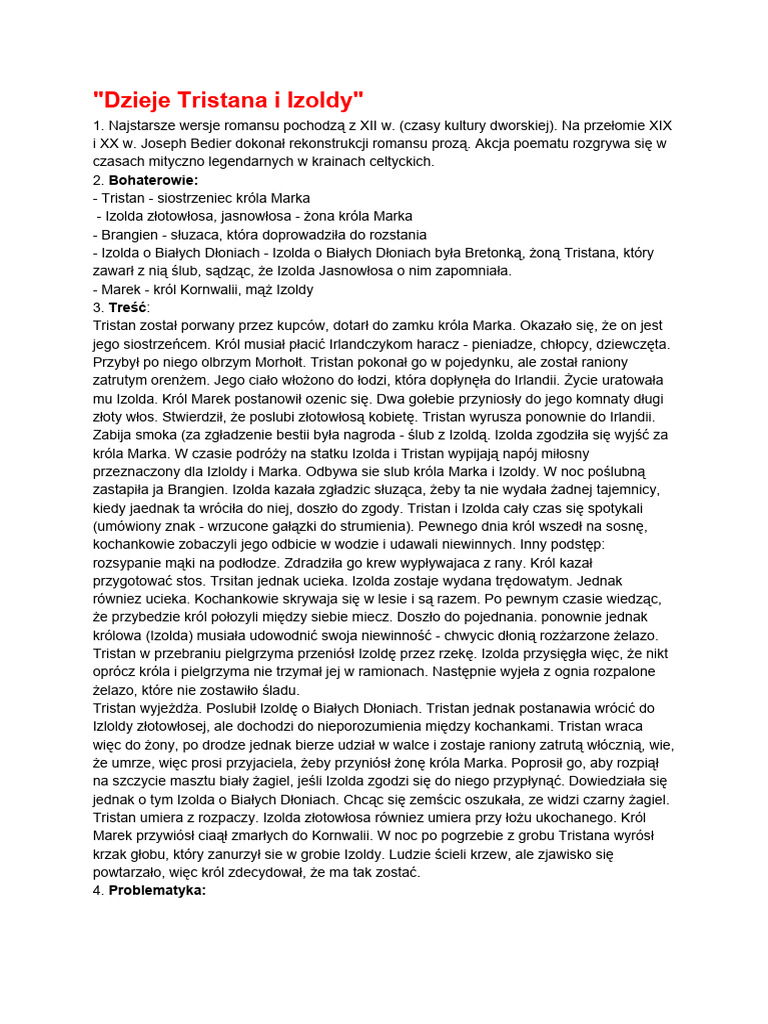 Dzieje Tristana I Izoldy Sprawdzian Z Treści Lektury Dzieje Tristana I Izoldy | PDF