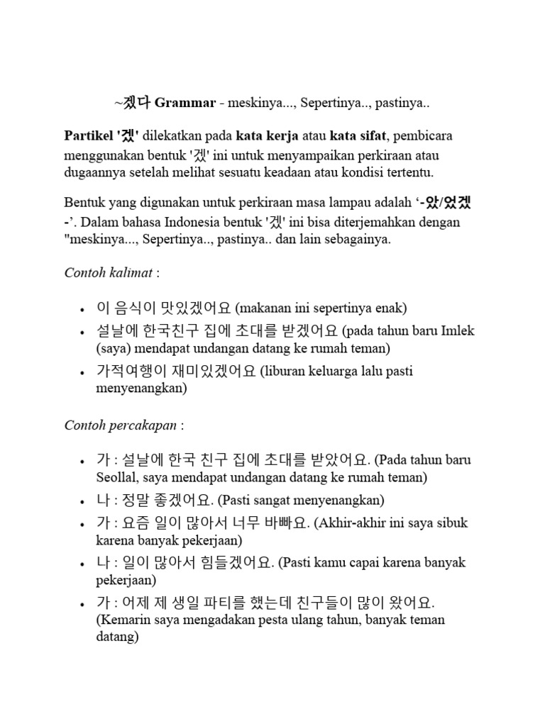 Tata Bahasa Partikel '겠' dalam Korea | PDF