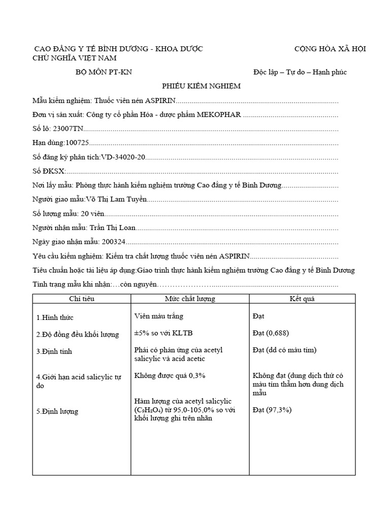 Phiếu kiểm nghiệm THUỐC VIÊN NÉN ASPIRIN | PDF