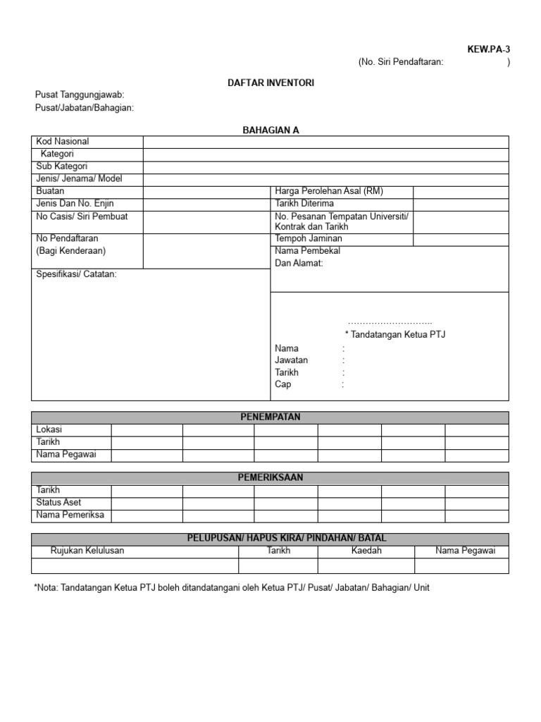 Borang Daftar Inventori KEW.PA-3 | PDF
