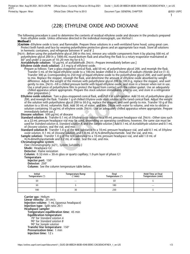 〈228〉 ETHYLENE OXIDE AND DIOXANE | PDF | Gas Chromatography | Chemistry
