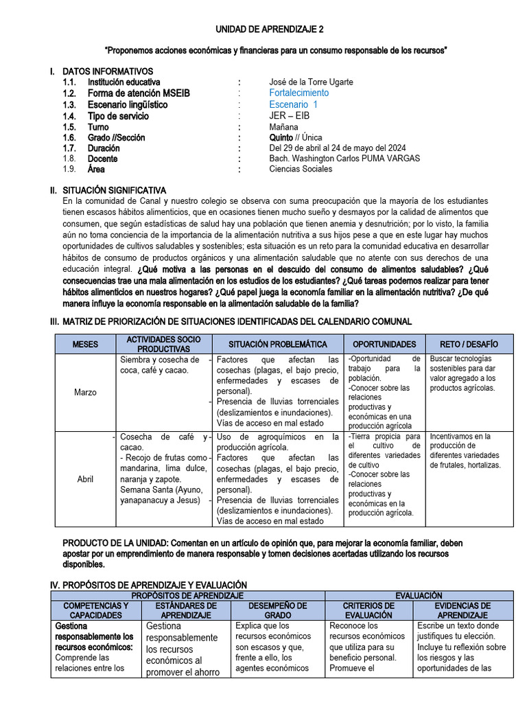02 Unidad de Aprendizaje 2 CCSS - 5° 2024 | PDF | Aprendizaje ...