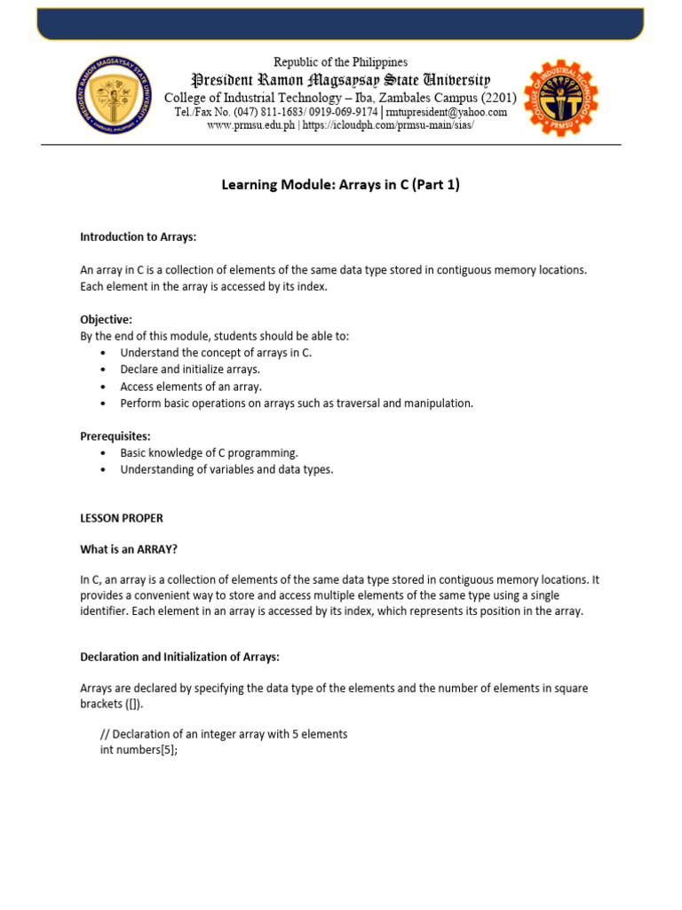 Array-in-C-Module-Part-1 | PDF | Integer (Computer Science) | C ...