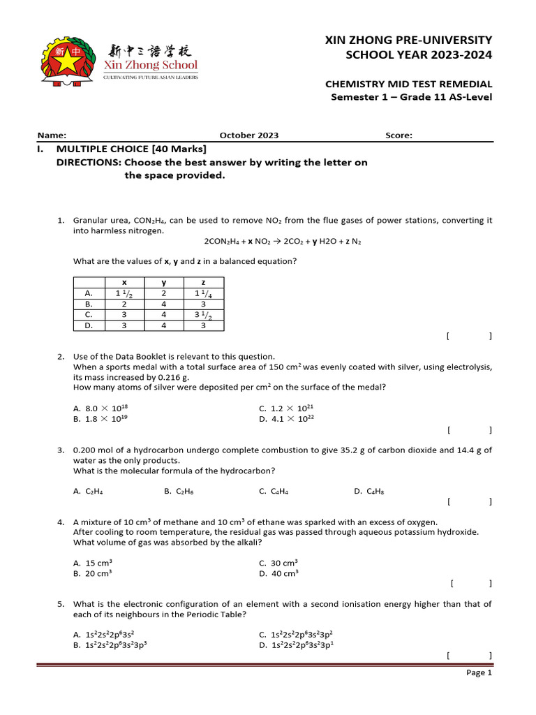 Grade 11 AS-Level Chemistry Remedial Test | PDF | Chemical Bond | Molecules