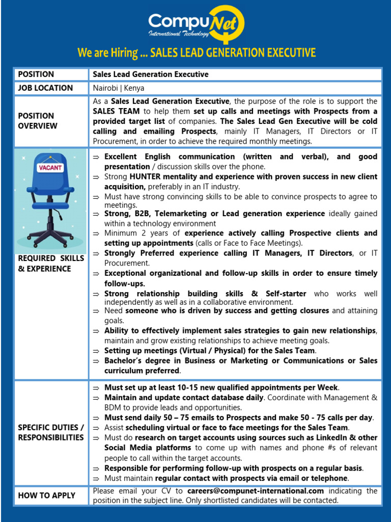 Sales Lead Generation Executive Role in Nairobi | PDF | Sales ...
