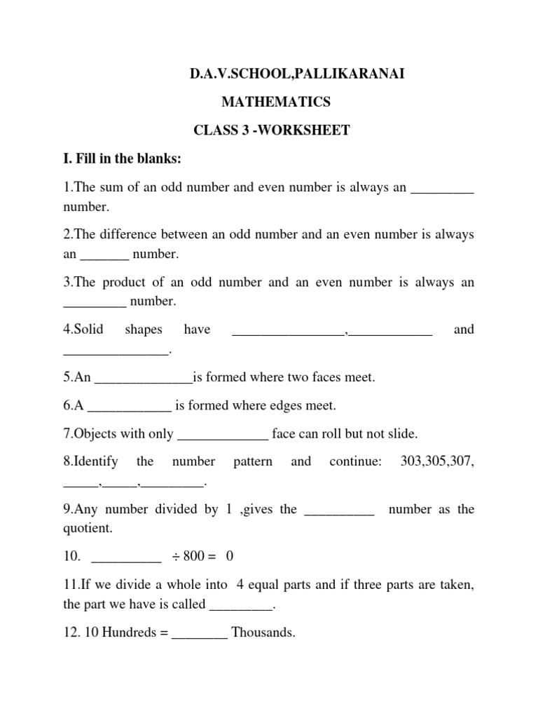 Class 3 Worksheet | PDF | Numbers | Division (Mathematics)