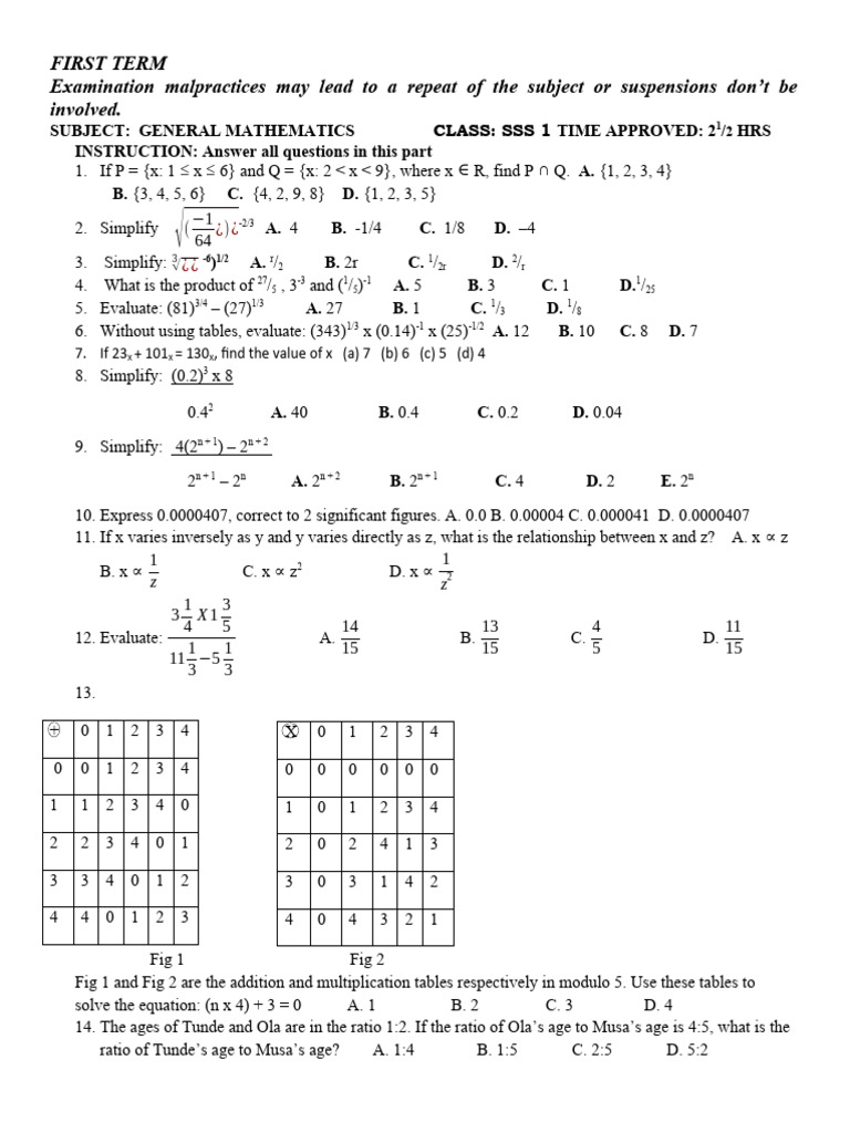 SS1 First Term Mathematics Exam Questions | PDF | Circle | Geometry