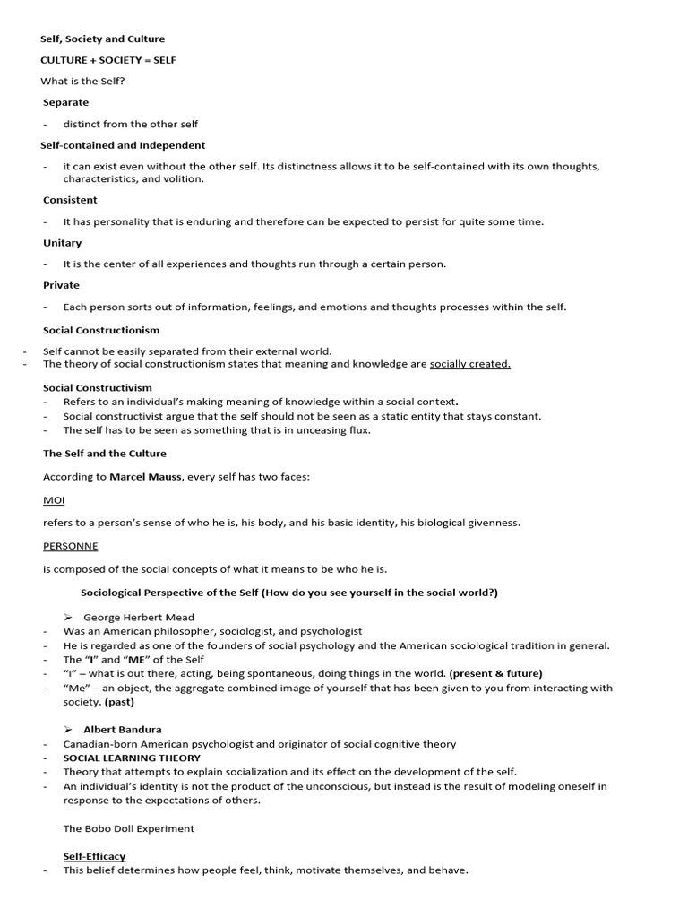 Understanding Self in Society and Culture | PDF | Self Efficacy ...