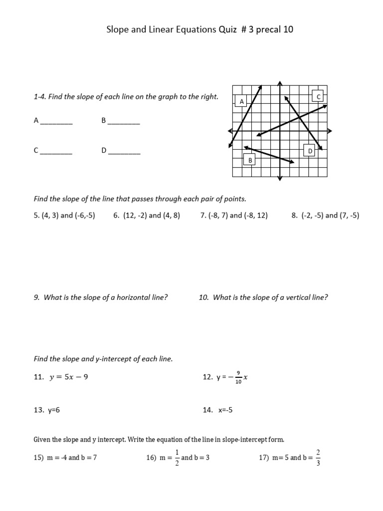 Slope and Linear Equations Quiz # 3 Precal 10 | PDF | Algebra ...