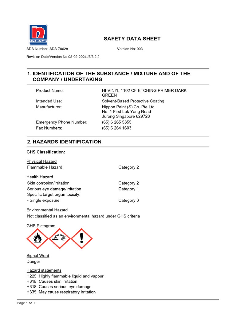 SDS Nippon Paint HIVINYL1102CFETCHINGPRIMERDARKGREEN PDF