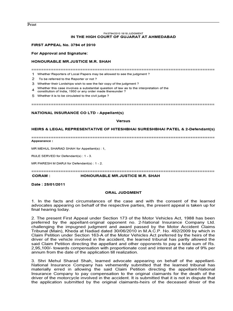 Gujarat High Court Ruling on Motor Accident Claim | PDF | Liability ...