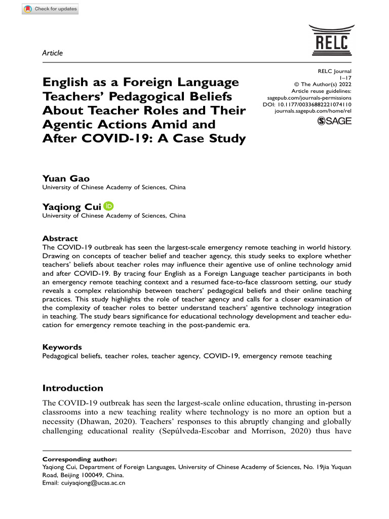 EFL Teachers' Beliefs and Agency Post-COVID | PDF | Pedagogy ...