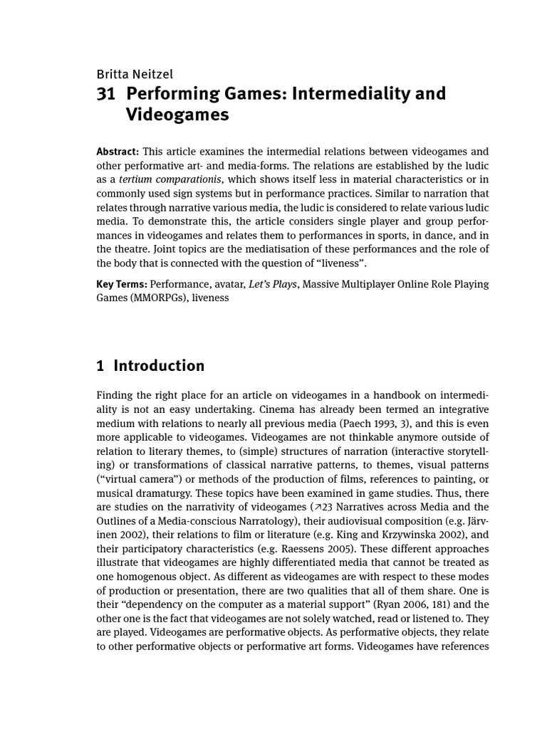31 Performing Games: Intermediality and Videogames: 1 Introduction ...