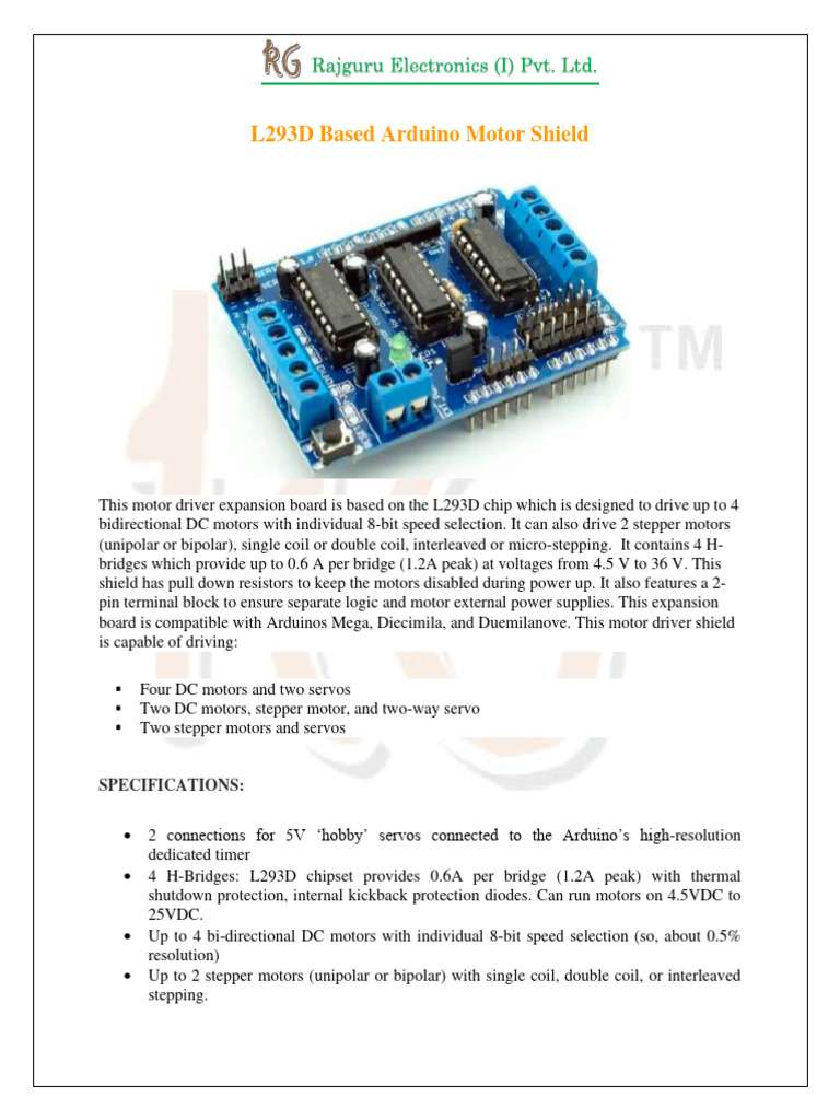 L293D Based Arduino Motor Shield PDF Power Supply Arduino