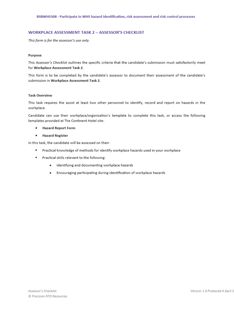 BSBWHS308 Workplace Assessment Task 2 Assessors Checklist v1.0 | PDF ...