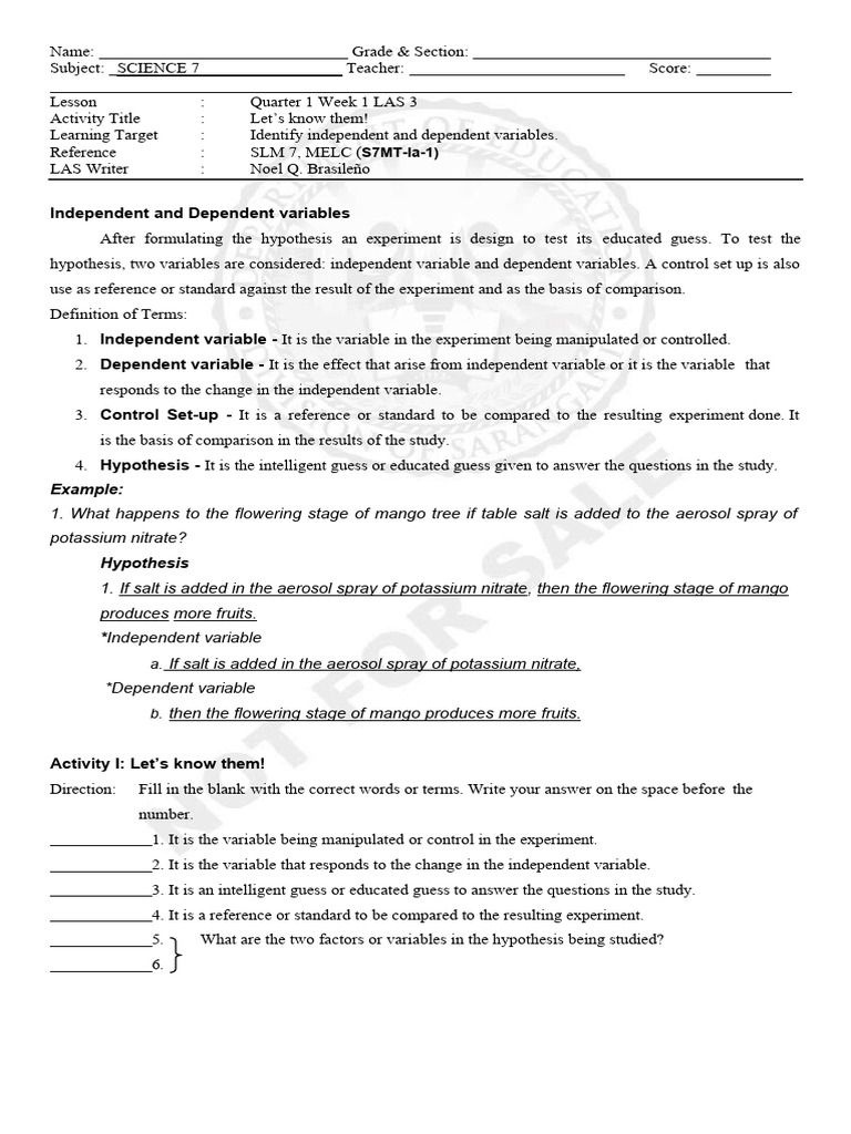 Edited2 SCIENCE 7 Q1 WEEK 1 LAS 3 | PDF | Experiment | Dependent And ...