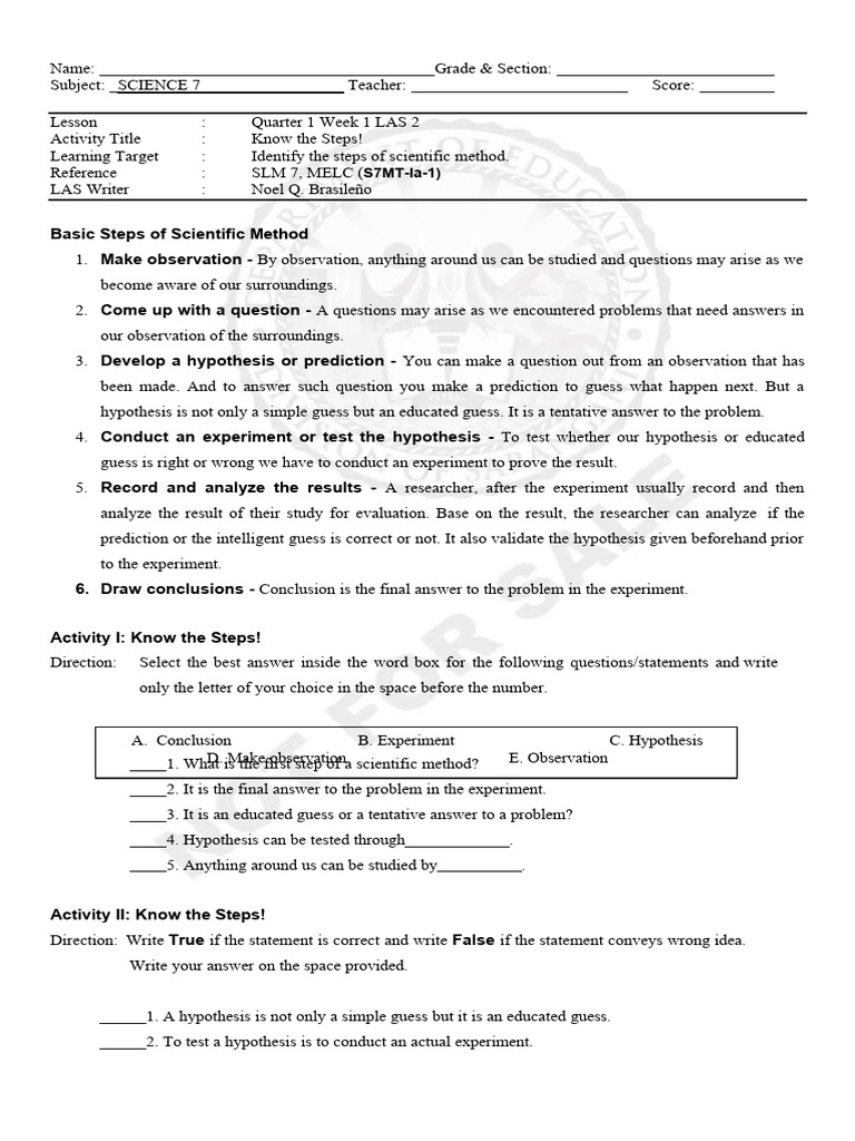 Edited2 SCIENCE 7 Q1 WEEK1 LAS 2 | PDF | Hypothesis | Experiment
