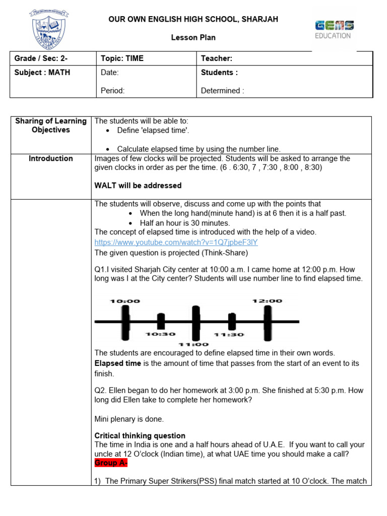 Grade 2 Math Lesson Plan: Elapsed Time | PDF | United Arab Emirates | Time