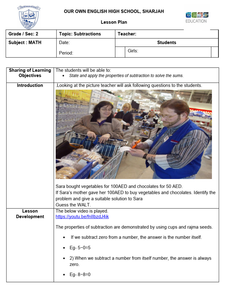 Grade 2 Math Lesson Plan: Subtraction | PDF | Subtraction