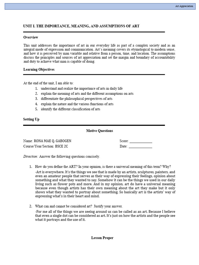 GE 6 UNIT 1 - Sagot-2023225184 | PDF | The Arts | Experience